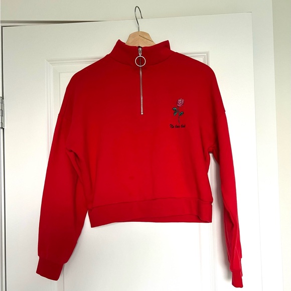 S/M “No love lost” red cropped zip up sweatshirt. No tag, thrifted. embroidered. - Picture 1 of 3